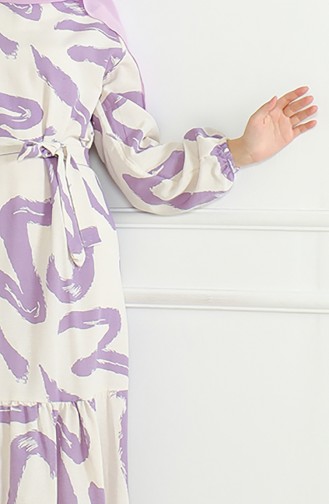 Robe Lin A Motifs Et Ceinture 0471A-01 Beige Lilas 0471A-01