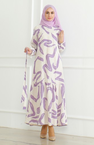 Robe Lin A Motifs Et Ceinture 0471A-01 Beige Lilas 0471A-01