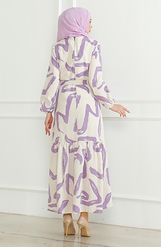Robe Lin A Motifs Et Ceinture 0471A-01 Beige Lilas 0471A-01