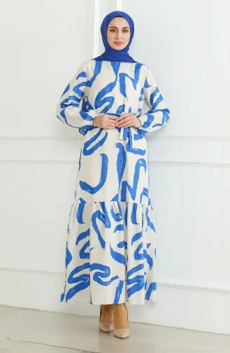 Desenli Kuşaklı Keten Elbise 0471A-02 Bej Saks