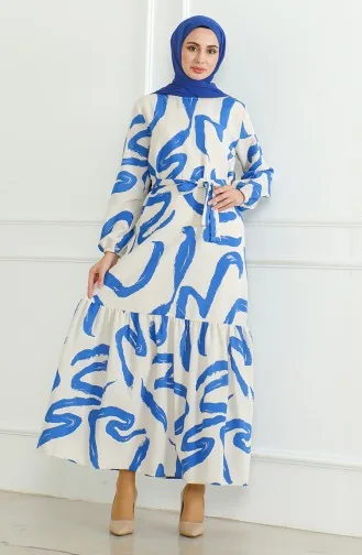 Desenli Kuşaklı Keten Elbise 0471A-02 Bej Saks