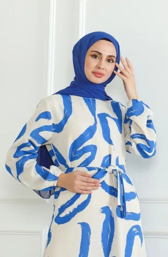 Desenli Kuşaklı Keten Elbise 0471A-02 Bej Saks