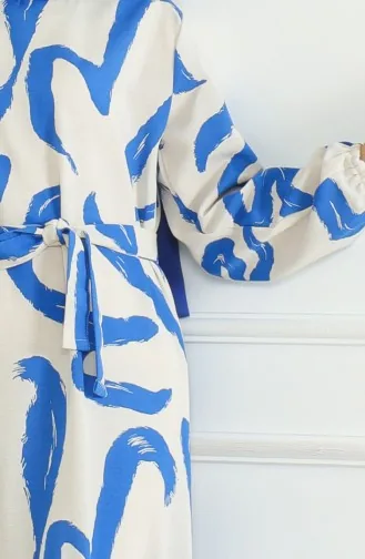 Desenli Kuşaklı Keten Elbise 0471A-02 Bej Saks