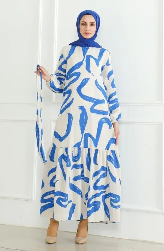 Desenli Kuşaklı Keten Elbise 0471A-02 Bej Saks