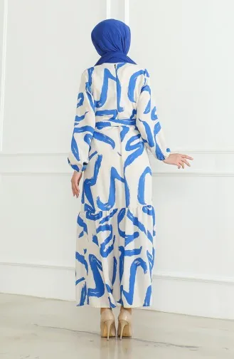 Desenli Kuşaklı Keten Elbise 0471A-02 Bej Saks