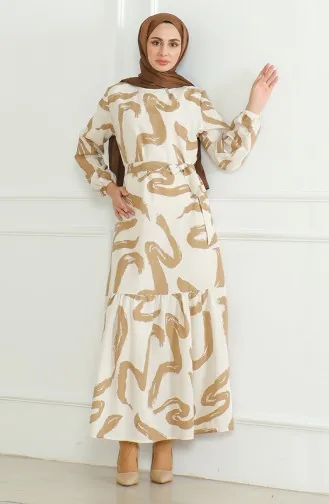 Desenli Kuşaklı Keten Elbise 0471A-05 Bej Sütlü kahve