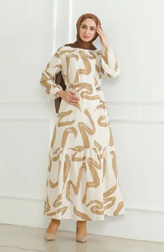 Desenli Kuşaklı Keten Elbise 0471A-05 Bej Sütlü kahve