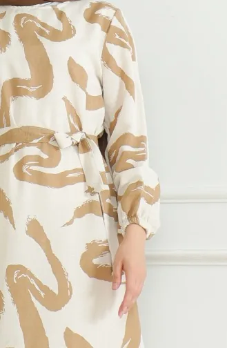 Desenli Kuşaklı Keten Elbise 0471A-05 Bej Sütlü kahve