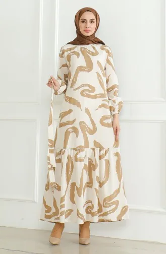 Desenli Kuşaklı Keten Elbise 0471A-05 Bej Sütlü kahve