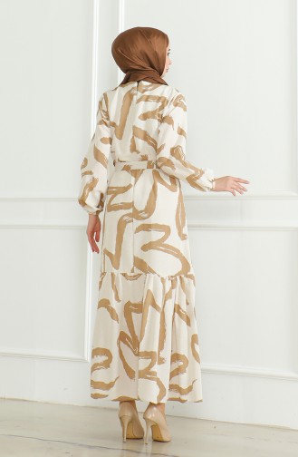 Robe Lin A Motifs Et Ceinture 0471A-05 Beige Café Au Lait 0471A-05