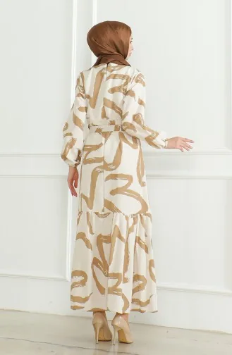 Desenli Kuşaklı Keten Elbise 0471A-05 Bej Sütlü kahve