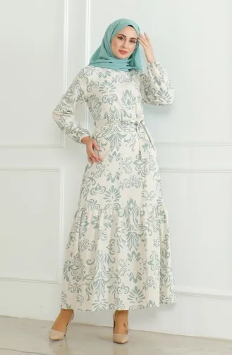 Desenli Kuşaklı Keten Elbise 0471B-02 Bej Çağla Yeşili