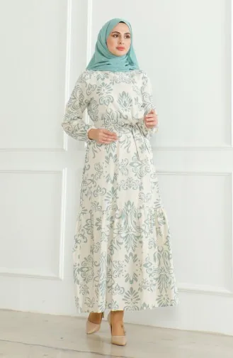Desenli Kuşaklı Keten Elbise 0471B-02 Bej Çağla Yeşili