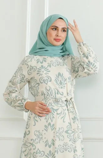 Desenli Kuşaklı Keten Elbise 0471B-02 Bej Çağla Yeşili