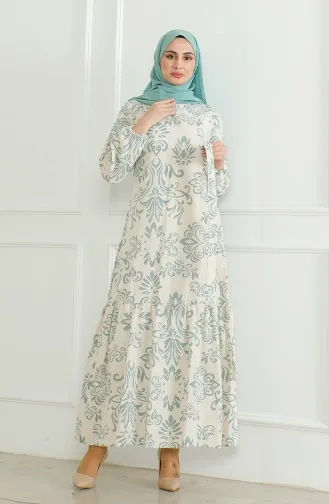 Desenli Kuşaklı Keten Elbise 0471B-02 Bej Çağla Yeşili