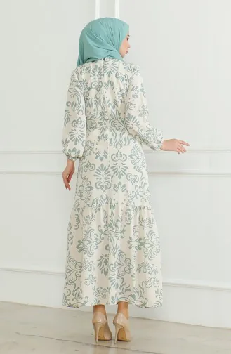 Desenli Kuşaklı Keten Elbise 0471B-02 Bej Çağla Yeşili