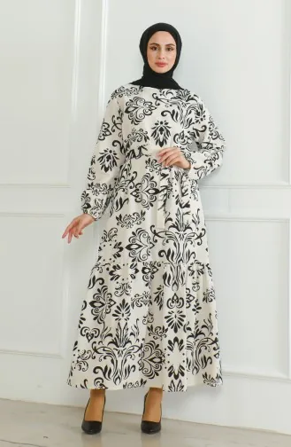 فستان كتان منقوش 0471B-03 بيج أسود 0471B-03
