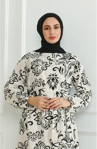 فستان كتان منقوش 0471B-03 بيج أسود 0471B-03