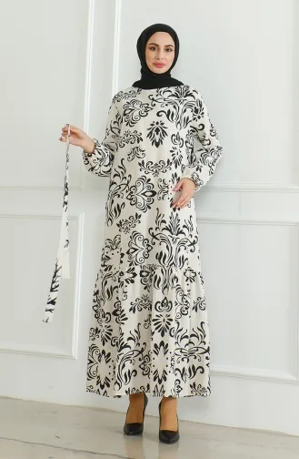 فستان كتان منقوش 0471B-03 بيج أسود 0471B-03