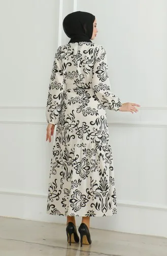 فستان كتان منقوش 0471B-03 بيج أسود 0471B-03
