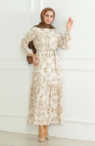 Desenli Kuşaklı Keten Elbise 0471B-04 Bej Sütlü kahve