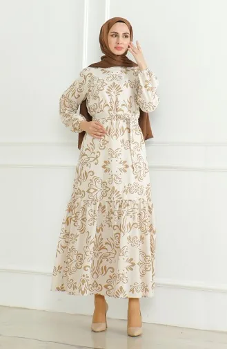 Desenli Kuşaklı Keten Elbise 0471B-04 Bej Sütlü kahve
