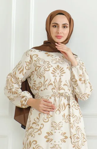 Desenli Kuşaklı Keten Elbise 0471B-04 Bej Sütlü kahve