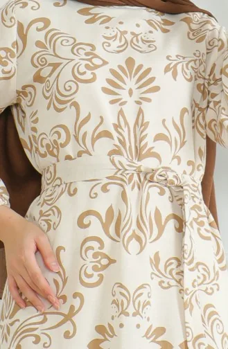 Desenli Kuşaklı Keten Elbise 0471B-04 Bej Sütlü kahve