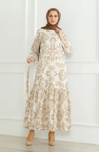 Desenli Kuşaklı Keten Elbise 0471B-04 Bej Sütlü kahve