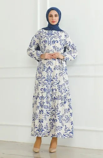 Gemustertes Leinenkleid Mit Gürtel 0471B-05 Beige Saks 0471B-05