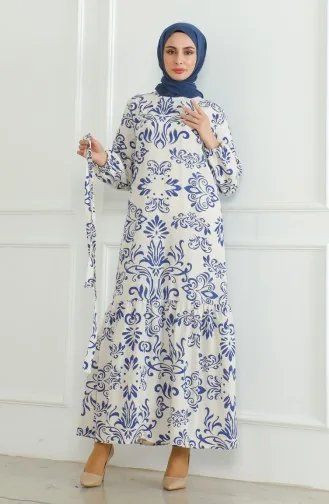 Gemustertes Leinenkleid Mit Gürtel 0471B-05 Beige Saks 0471B-05