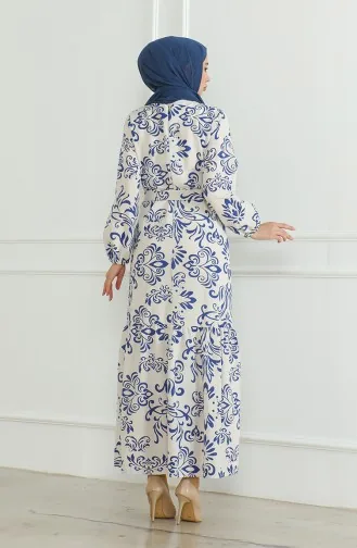 Gemustertes Leinenkleid Mit Gürtel 0471B-05 Beige Saks 0471B-05