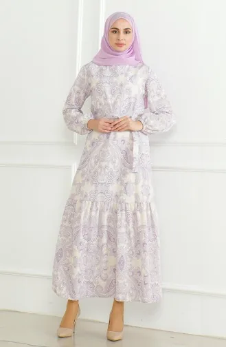 Robe Lin à Motifs Et Ceinture 0471C-02 Lilas 0471C-02