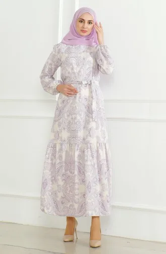 Robe Lin à Motifs Et Ceinture 0471C-02 Lilas 0471C-02
