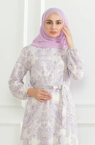 Robe Lin à Motifs Et Ceinture 0471C-02 Lilas 0471C-02