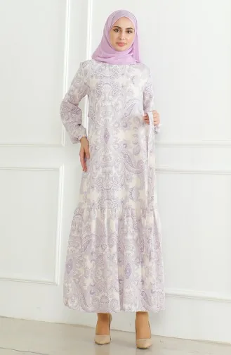 Robe Lin à Motifs Et Ceinture 0471C-02 Lilas 0471C-02