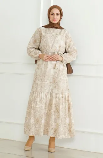 Linnen Jurk Met Riem En Patroon 0471C-04 Beige 0471C-04