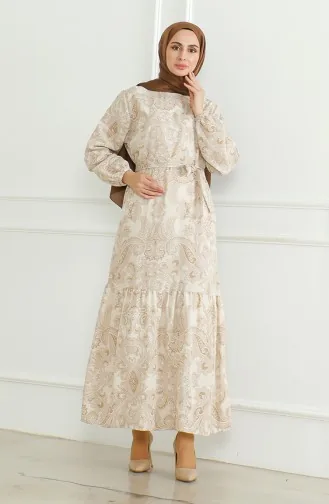 Linnen Jurk Met Riem En Patroon 0471C-04 Beige 0471C-04