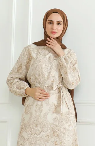 Linnen Jurk Met Riem En Patroon 0471C-04 Beige 0471C-04