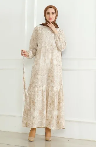 Linnen Jurk Met Riem En Patroon 0471C-04 Beige 0471C-04