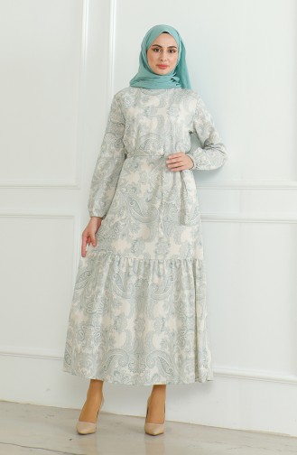 Gemustertes Leinenkleid Mit Gürtel 0471C-05 Grün 0471C-05