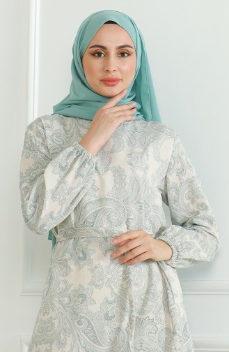 Gemustertes Leinenkleid Mit Gürtel 0471C-05 Grün 0471C-05