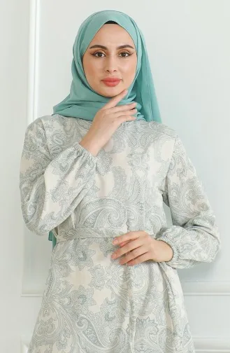 فستان كتان منقوش 0471C-05 أخضر مينت 0471C-05