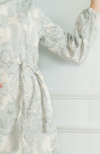 Gemustertes Leinenkleid Mit Gürtel 0471C-05 Grün 0471C-05