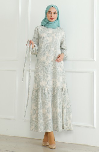 Gemustertes Leinenkleid Mit Gürtel 0471C-05 Grün 0471C-05