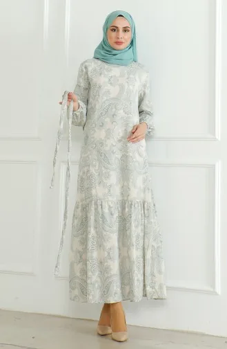 فستان كتان منقوش 0471C-05 أخضر مينت 0471C-05