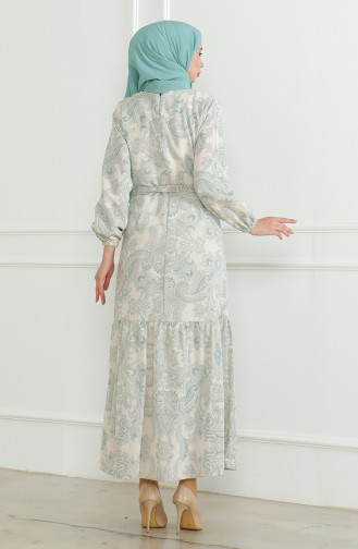 Gemustertes Leinenkleid Mit Gürtel 0471C-05 Grün 0471C-05