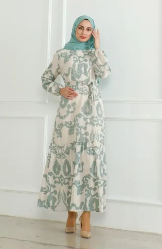 فستان كتان منقوش 0471D-01 بيج أخضر مينت 0471D-01
