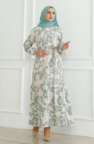 Gemustertes Leinenkleid Mit Gürtel 0471D-01 Beigegrün 0471D-01