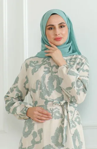 فستان كتان منقوش 0471D-01 بيج أخضر مينت 0471D-01